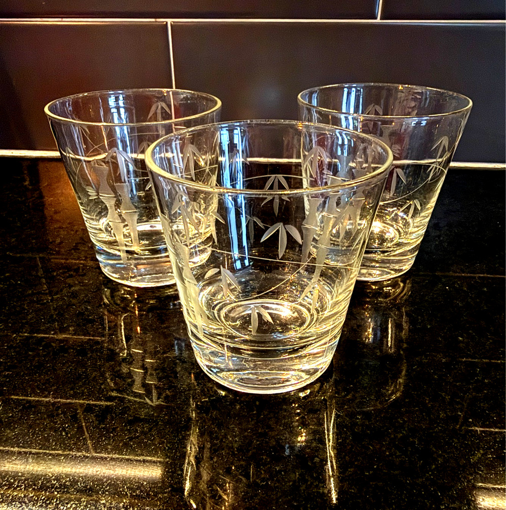 Vintage Noritake Sasaki Etched Bamboo Pattern Double Old Fashioned Glass 3 1/4”